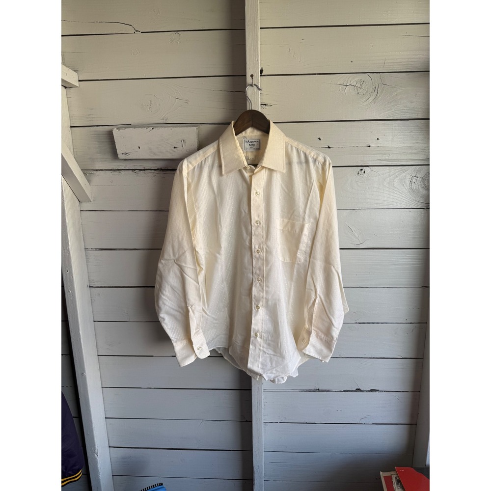 Vintage Arrow Kirk Kent Cream Dobby Textured Dress Shirt 16-33 Mens Long Sleeve